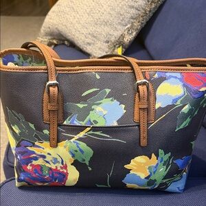 Dana Buchman Navy Floral Tote with Brown Trim